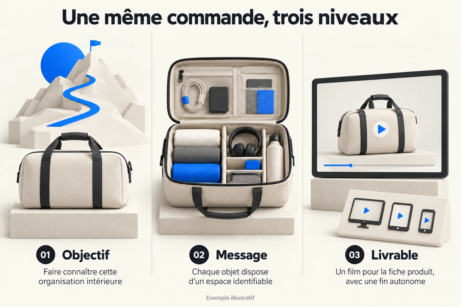 Trois niveaux d'un brief pour un sac compartimenté : objectif, message et livrable.
