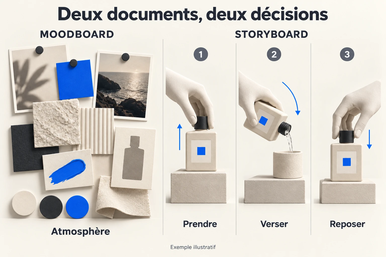 Un moodboard sans ordre face à trois plans successifs d’une bouteille fictive.