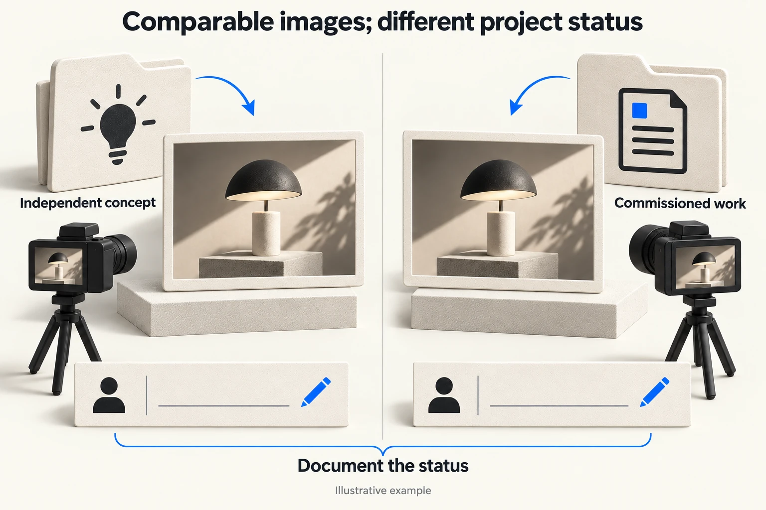 Two comparable film frames carry different labels: independent exploration and documented commission, with contributions indicated separately.