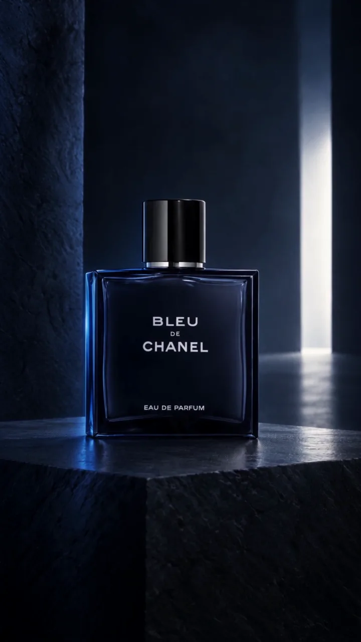 Flacon Bleu de Chanel dans un décor architectural sombre.