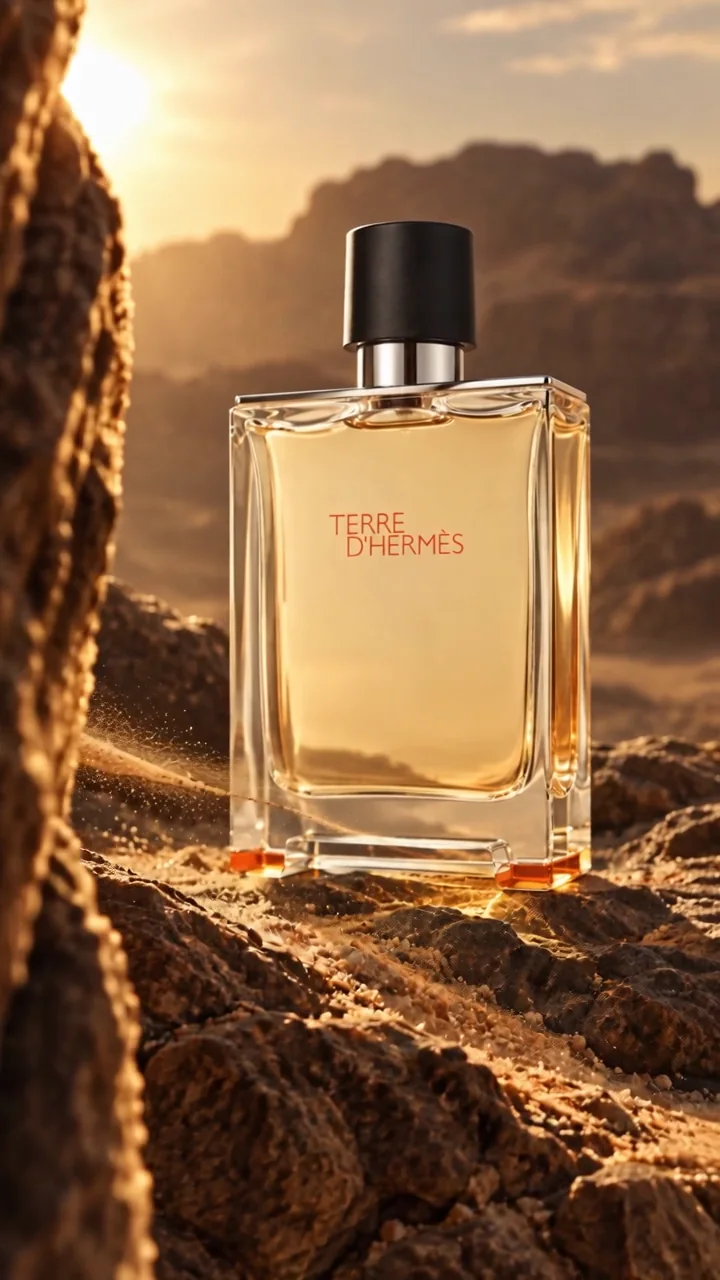 Flacon Terre d’Hermès entre des roches dorées par le soleil.