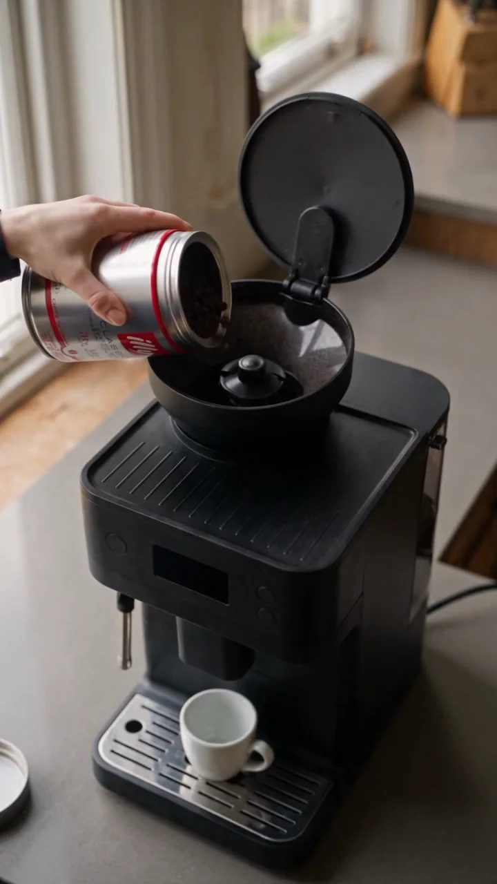 Une main verse des grains depuis une boîte illy dans le réservoir ouvert d’une machine à café, près d’une fenêtre.