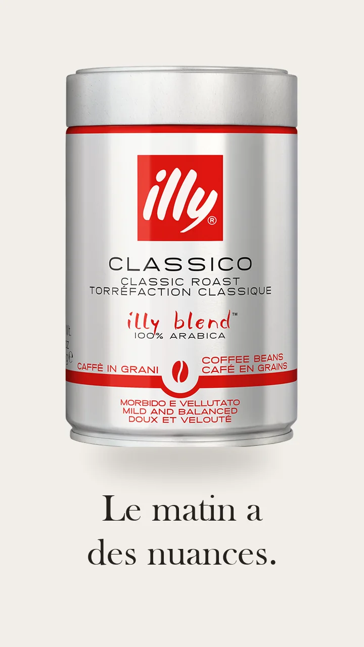 Boîte illy Classico sur fond clair, au-dessus de la signature « Le matin a des nuances. ».
