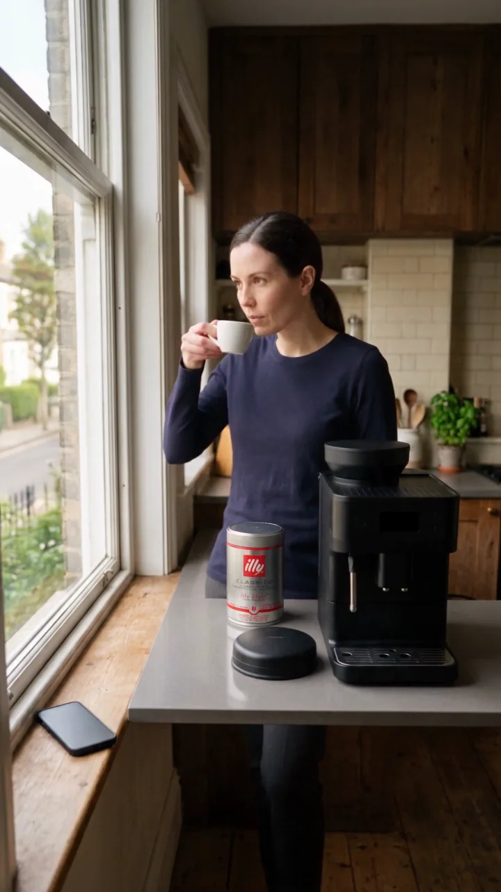 Un instant de dégustation de café près d’une fenêtre, avec une boîte illy rouge.