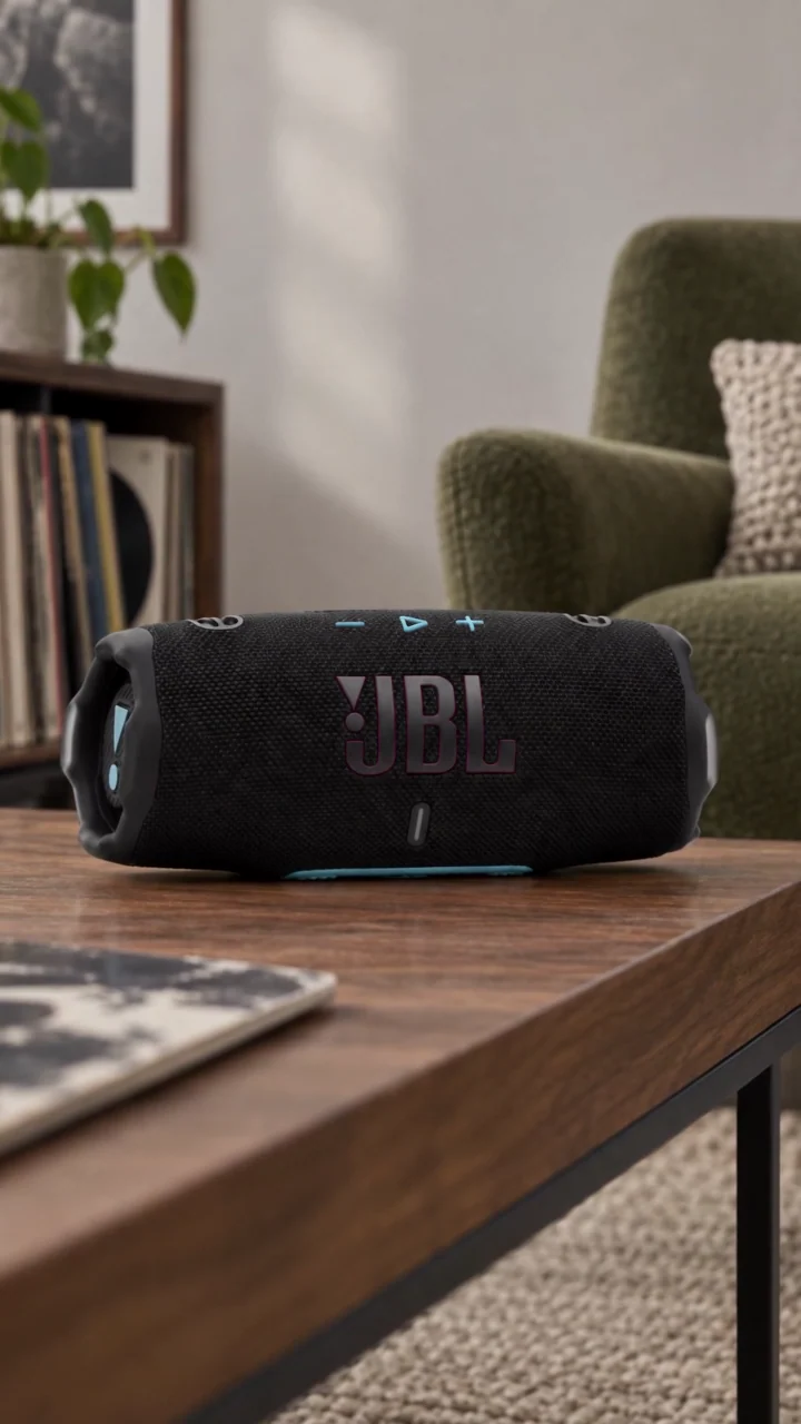 Enceinte JBL noire posée sur une table en bois devant un fauteuil vert et une étagère de disques.