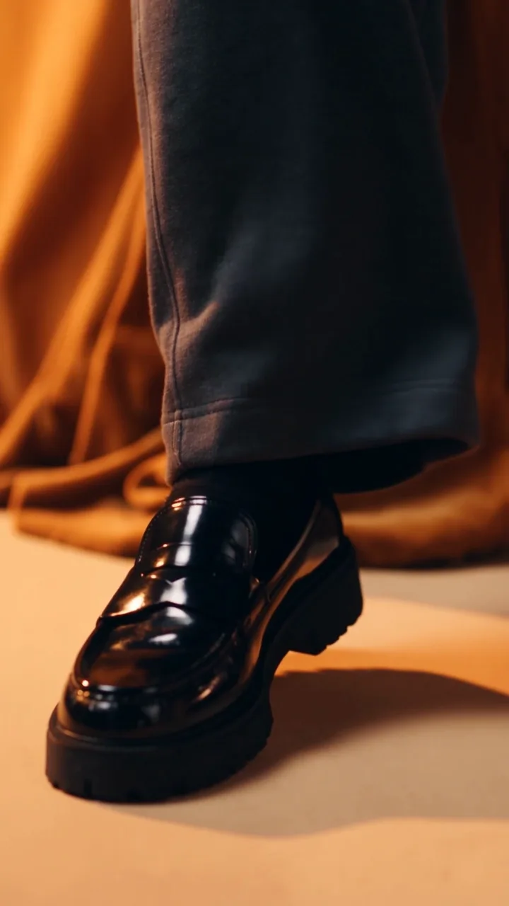 Gros plan sur le bas d’un pantalon ample gris foncé qui tombe sur une derby noire vernie.