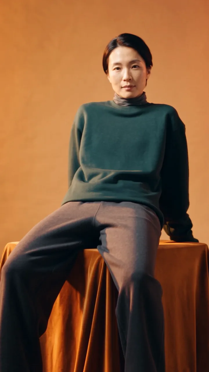 Une femme en sweat vert sapin et pantalon ample gris foncé, assise sur un cube drapé d’ocre devant un fond orangé.