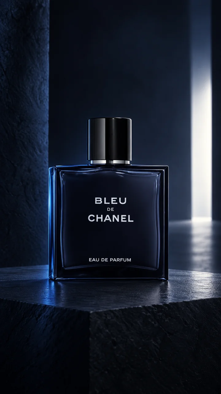 Référence : flacon Bleu de Chanel sur une pierre sombre, avec une ouverture lumineuse à droite.